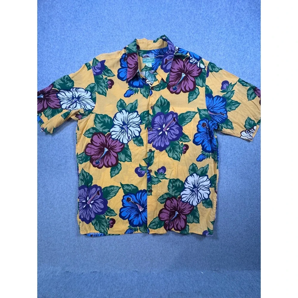 Reyn Spooner Mens XL Hawaiian Shirt Yellow Hibiscus Floral Spun Rayon Button Up